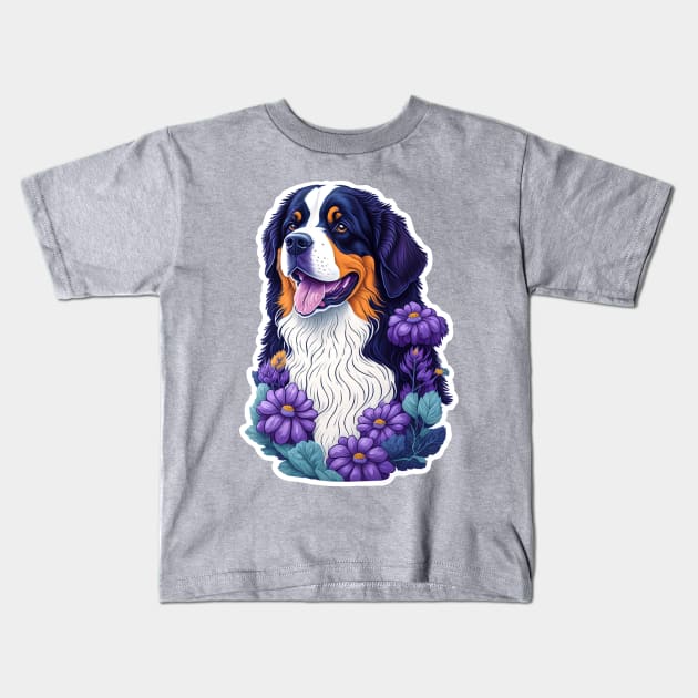 Bernese montain dog in a colorful field of flowers Kids T-Shirt by milica_store